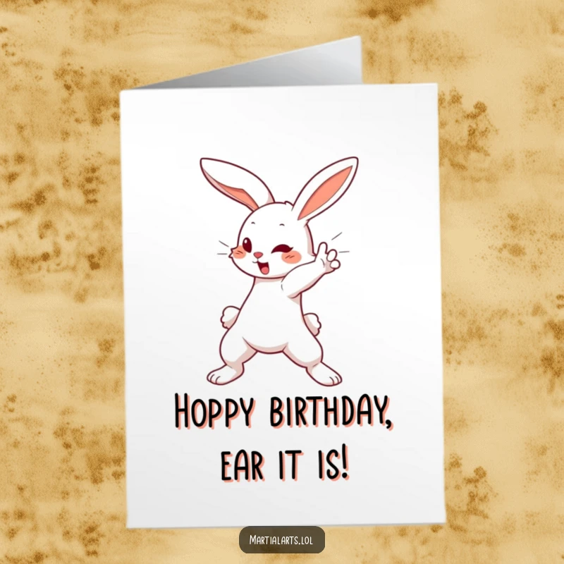 Funny Free Printable Birthday Card featuring a cute bunny executing a swift blocking motion, ready to deflect boring birthday wishes with joy.