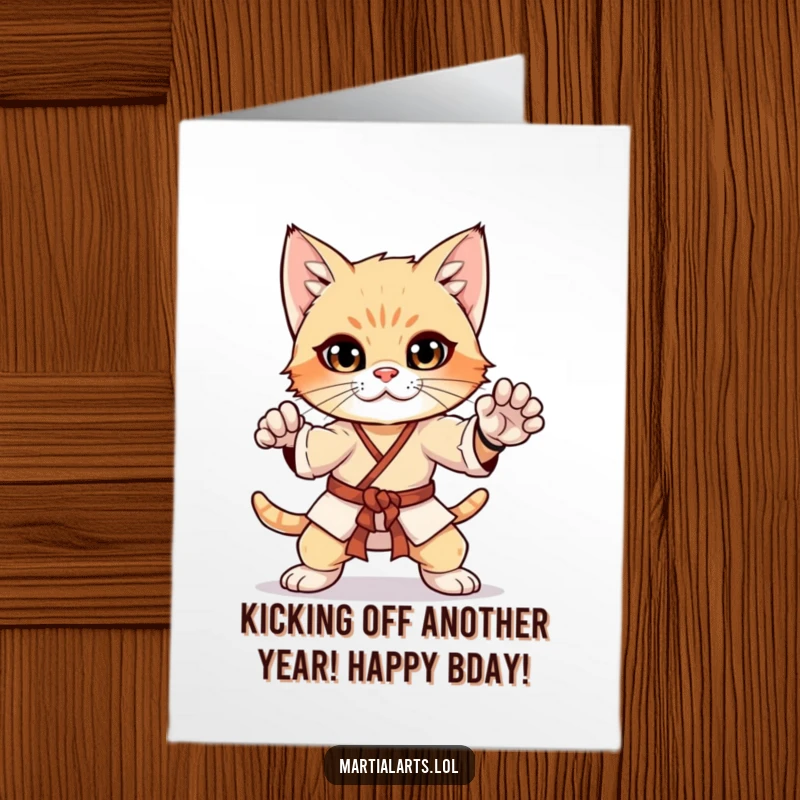 Funny Free Printable Birthday Card featuring a curious kitten striking a determined martial arts pose with focused eyes.