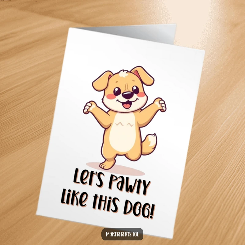 Funny Free Printable Birthday Card: A happy dancing dog spinning energetically with a huge grin, ready to party.
