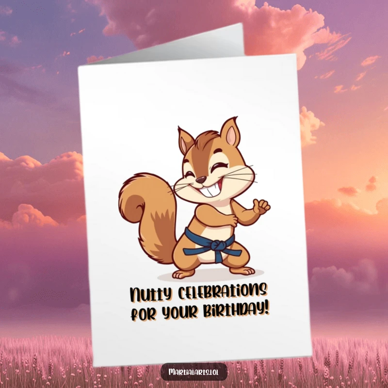 Funny Free Printable birthday card with a grinning squirrel expertly using its bushy tail as a martial arts weapon, ready to party.