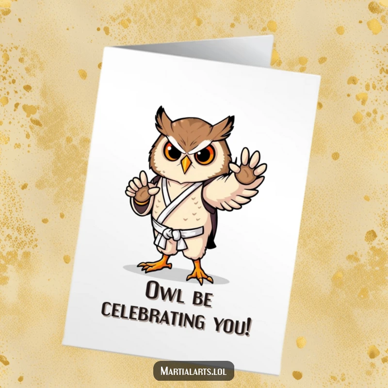 Funny Free Printable Birthday Card featuring a proud owl striking a graceful karate pose, wishing a wise and humorous birthday, a downloadable gift.