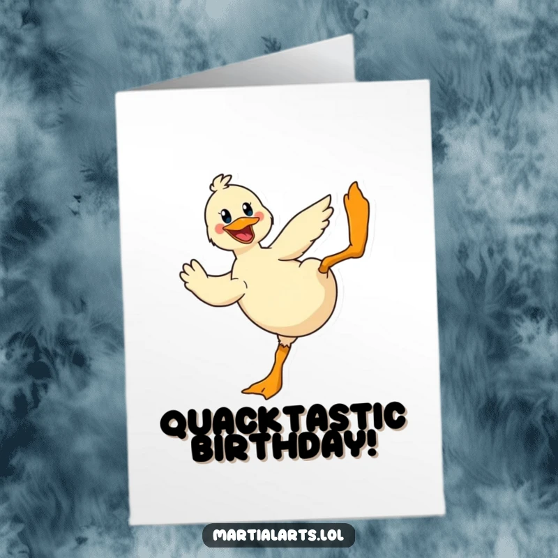 Funny Free Printable Birthday Card: Cheerful duck mid-air performing a dramatic, high-flying kick with a determined look.