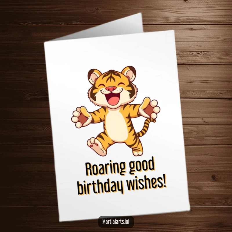 Funny Free Printable Birthday Card: Exuberant Tiger Leaping Forward with Paws Outstretched, Ready for Fun