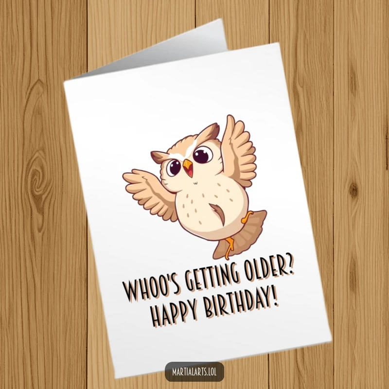 Funny Free Printable Birthday Card: A startled owl tumbles mid-air after a failed leap, creating a comical moment.