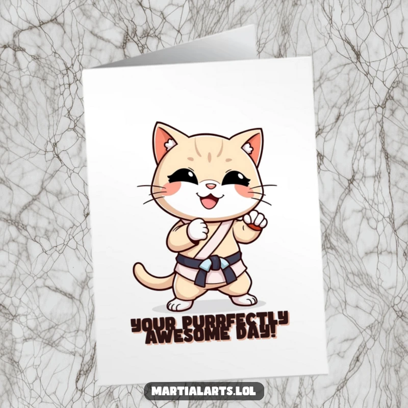 Funny Free Printable Birthday Card: Smiling cat doing a playful karate chop, ready to deliver birthday cheer with a grin.