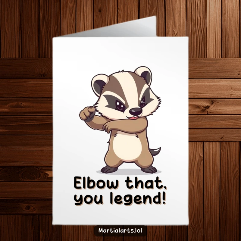 Funny Free Printable Congratulations Card with a determined badger delivering an elbow strike, celebrating a winning blow, a great downloadable gift.