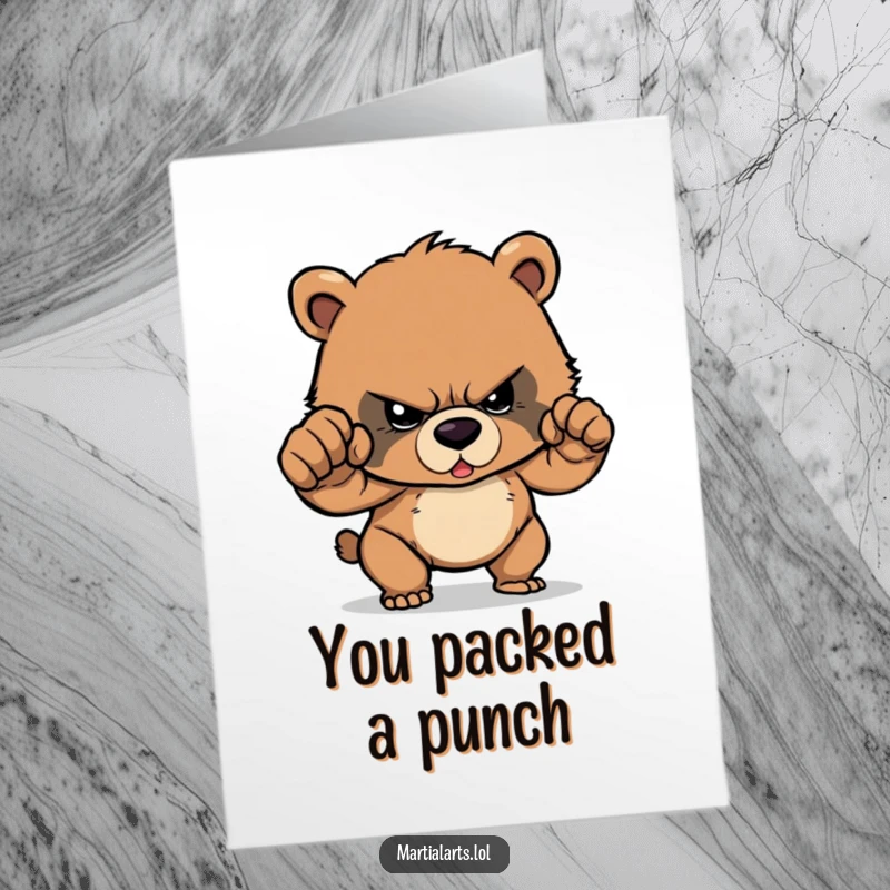 Funny Free Printable Congratulations Card: Determined bear cub cub delivering a powerful, focused punch of victory!