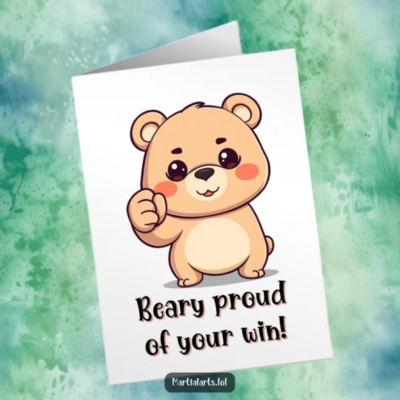 Funny Free Printable congratulations card featuring a happy bear making a fist with a determined look, celebrating a win.