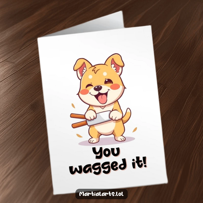 Funny Free Printable Congratulations Card: A silly dog enthusiastically performing a clumsy karate chop, celebrating achievement.