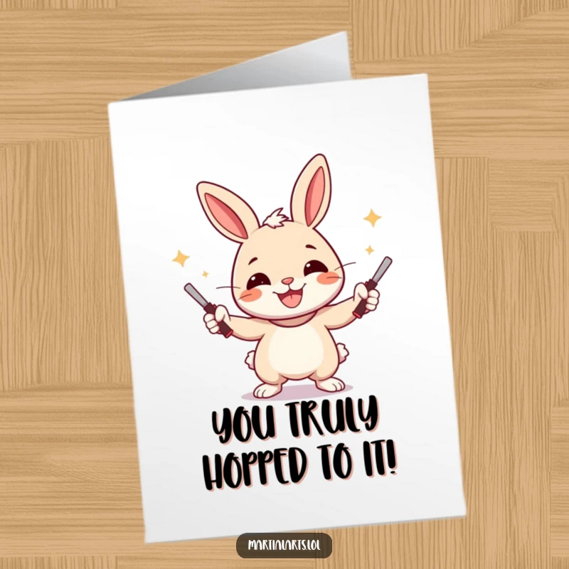 Funny Free Printable Congrats Card: A cheerful rabbit juggling nunchucks with a big smile, celebrating success.