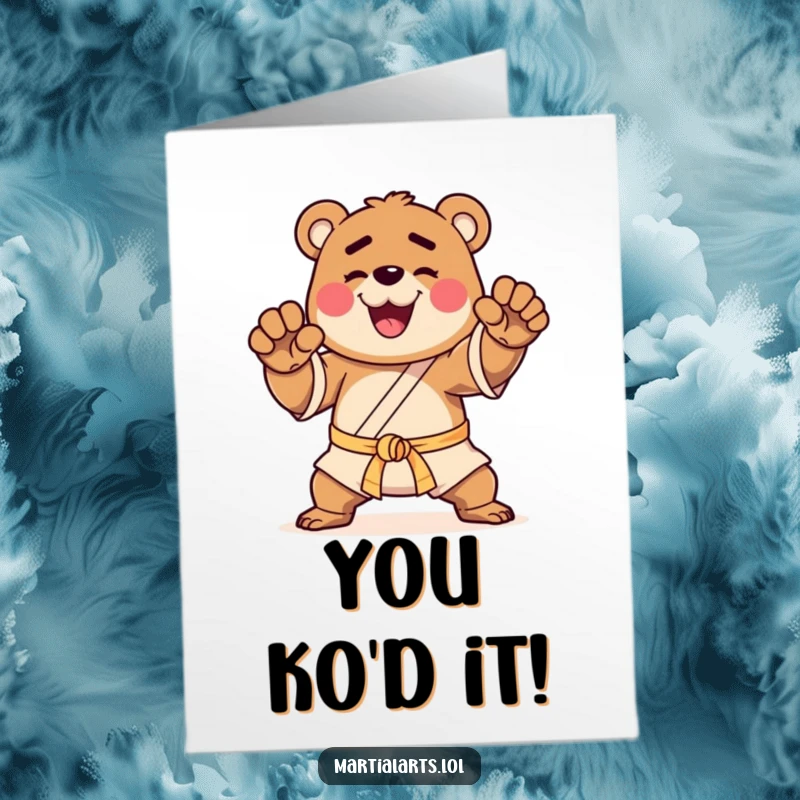 Funny Free Printable Congrats Card: A happy bear stands in a proud martial arts pose.