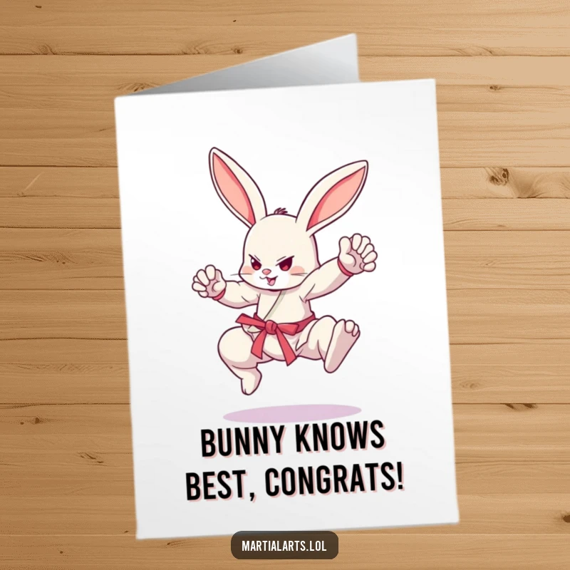 Funny Free Printable congratulations card: a bunny in a fierce martial arts stance, celebrating a win.