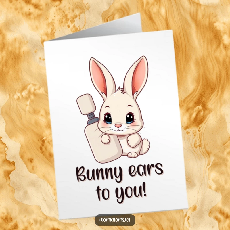 Funny Free Printable Congratulations Card: A curious rabbit peeking from behind a training dummy, celebrating success with a playful surprise.