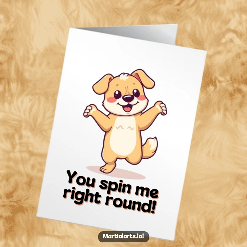Funny Free Printable Congratulations Card: A joyful dog mid-spin, tail wagging, conveying pure celebratory excitement.