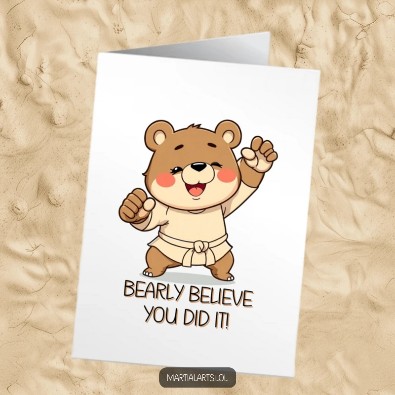 Funny Free Printable Congrats Card: Bear striking a strong martial arts pose, celebrating success.