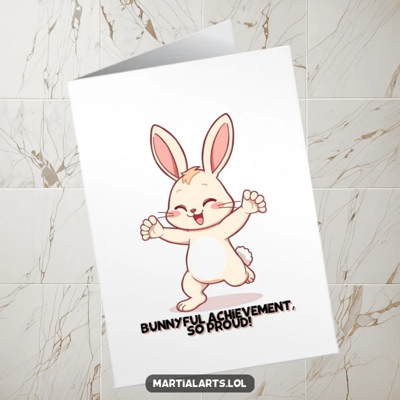 Funny Free Printable Congratulations Card: A resolute bunny blocks a kick, celebrating your amazing accomplishment.
