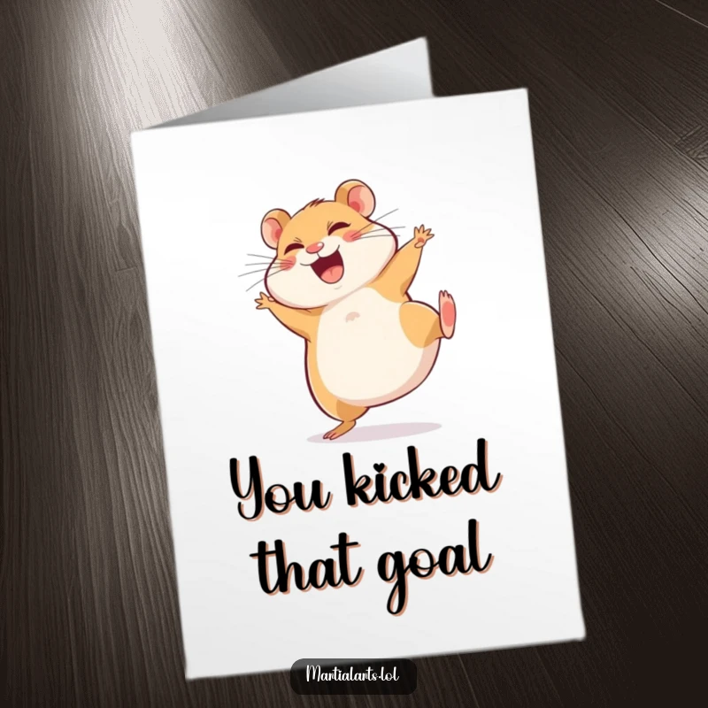 Funny Free Printable Congratulations Card: Giggling hamster executing a chaotic spinning side kick in celebration!