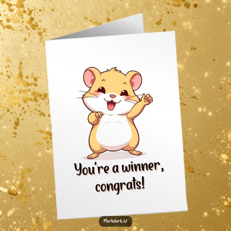 Funny free printable congratulations card of a beaming hamster in a dynamic and confident martial arts stance.