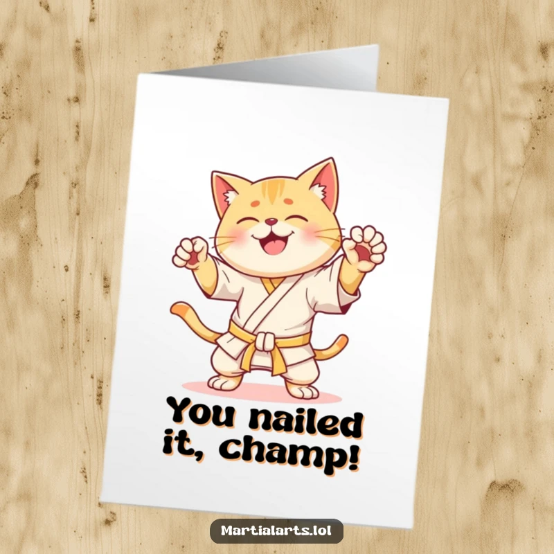 Funny Free Printable Congratulations Card featuring a cat striking a dynamic karate pose, celebrating a victory with a powerful move.