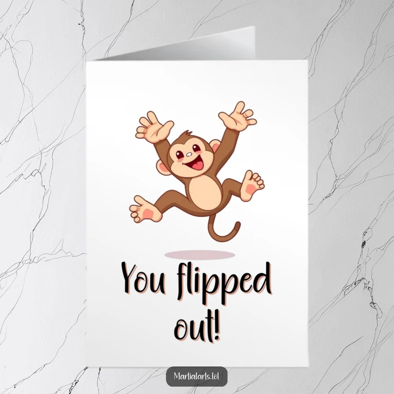 Funny Free Printable Congratulations Card: A mischievous monkey attempting a playful, acrobatic flip, celebrating success.