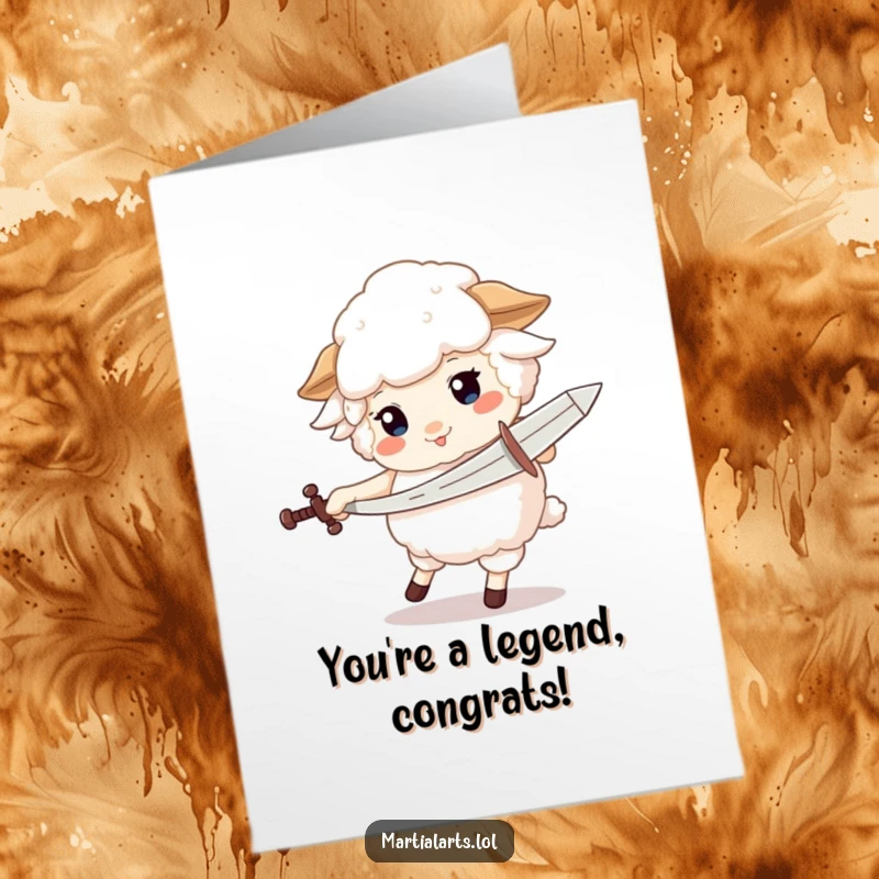 Funny free printable congratulations card featuring a fluffy sheep joyfully spinning with a toy sword in celebration.