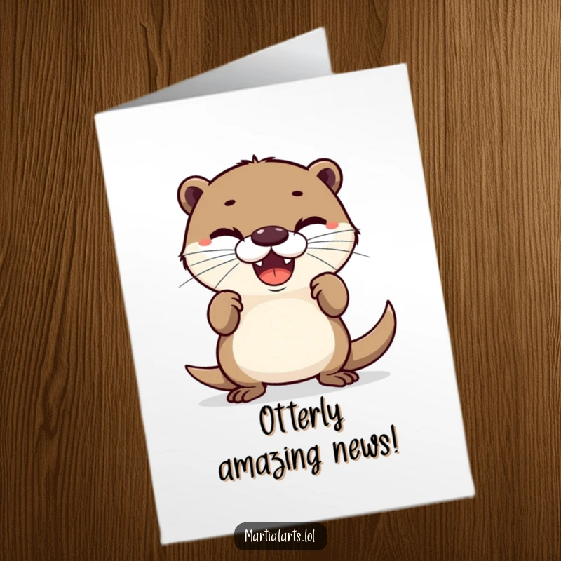 Funny Free Printable Congratulations Card: Delighted otter in a defensive stance, celebrating success. Humorous and unique downloadable greeting.
