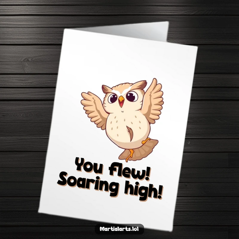Funny Free Printable Congratulations Card: A startled owl tumbles awkwardly from a leaping pose, a funny take on success.