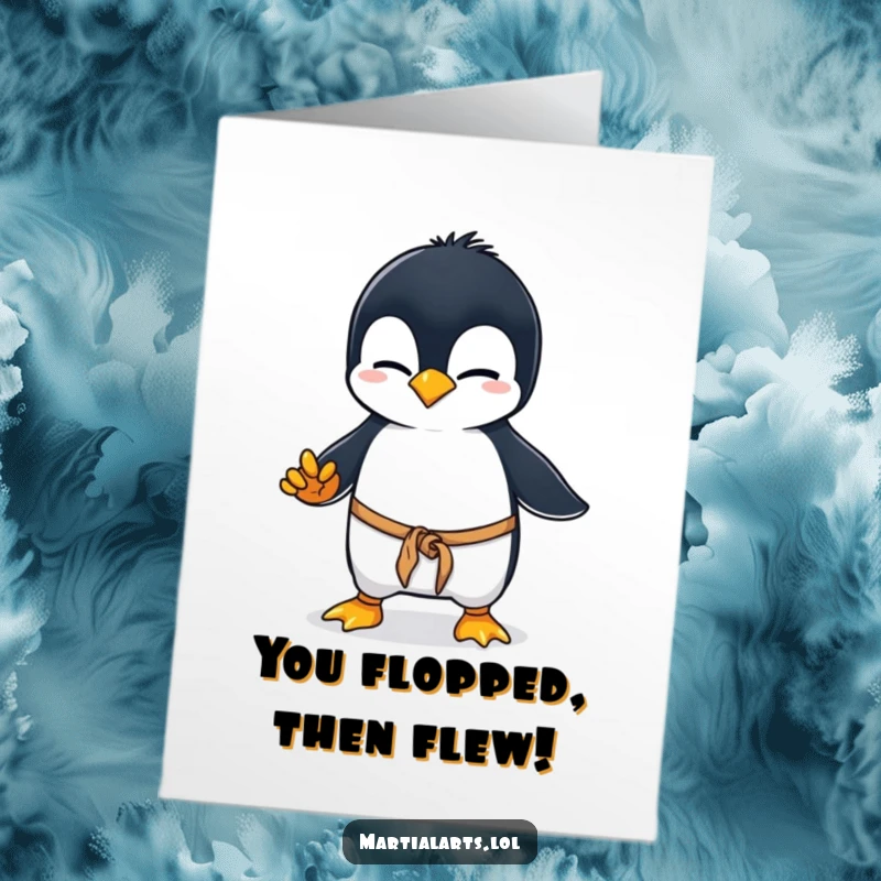 Funny Free Printable Congratulations Card: A curious penguin wobbling through a clumsy martial arts stance, celebrating.