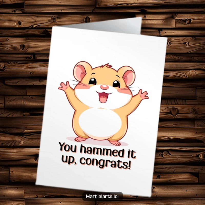 Funny Free Printable Congratulations Card with a happy hamster in an energetic stance, celebrating success with boundless joy, a great downloadable gift.