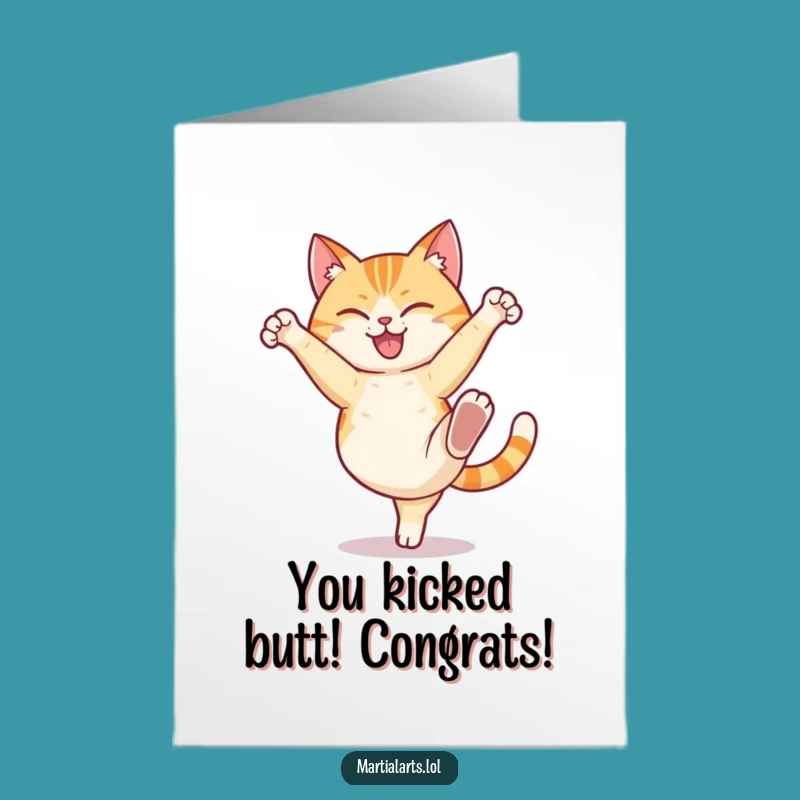 Free Printable Congrats Card: Cat High Kick - Celebrate Victories with Funny Downloadable Art