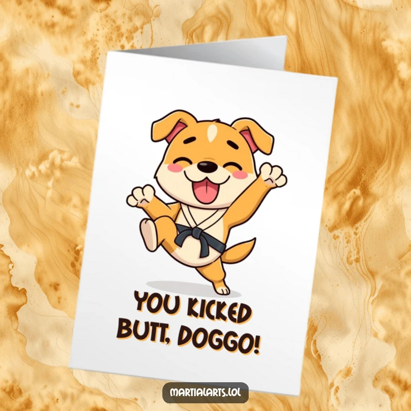 Funny Free Printable congratulations card showing a happy dog performing an enthusiastic karate kick with its legs.