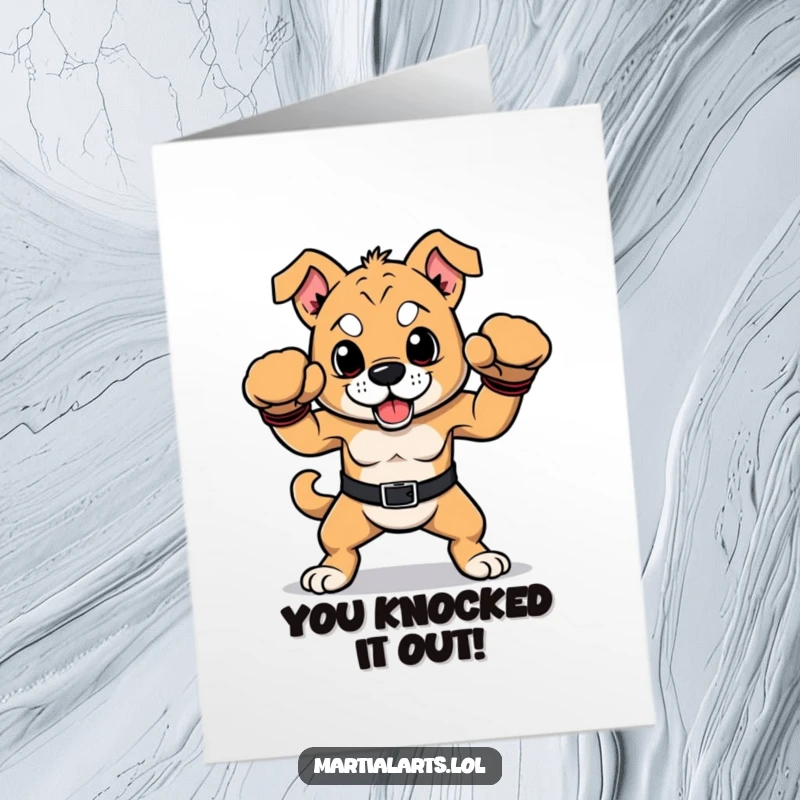 Funny Free Printable Congrats Card: A proud dog in boxing gloves strikes a victorious pose, celebrating an achievement.
