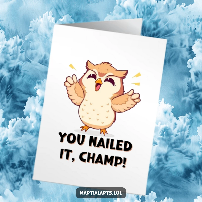 Funny free printable congratulations card showing an ecstatic owl playfully punching the air in celebration.