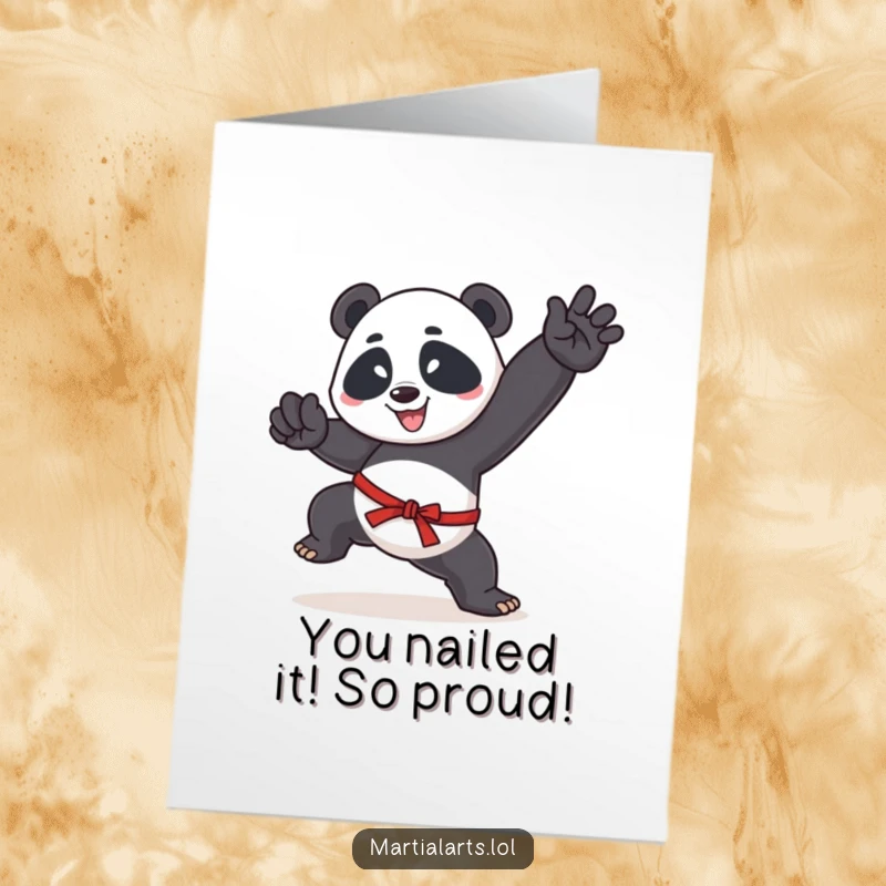 Funny Free Printable Congratulations Card: Determined Panda in a Dynamic Kung Fu Kick Pose, Celebrating Success