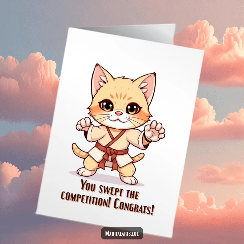 Funny Free Printable Congratulations Card showing a curious kitten in a dynamic martial arts stance, ready for action.