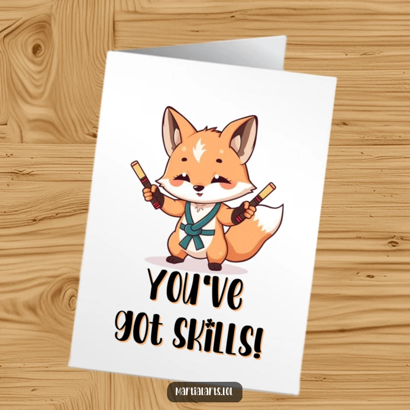Funny Free Printable Congratulations Card: A curious fox skillfully juggling miniature nunchucks, adding a playful, action-packed element to congratulations.