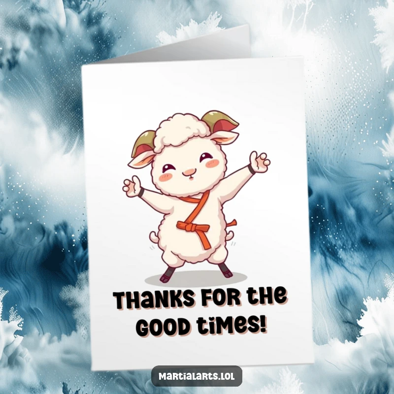 Funny Free Printable Thank You Card: A giggling sheep attempts a wobbly martial arts move, expressing gratitude with humor.