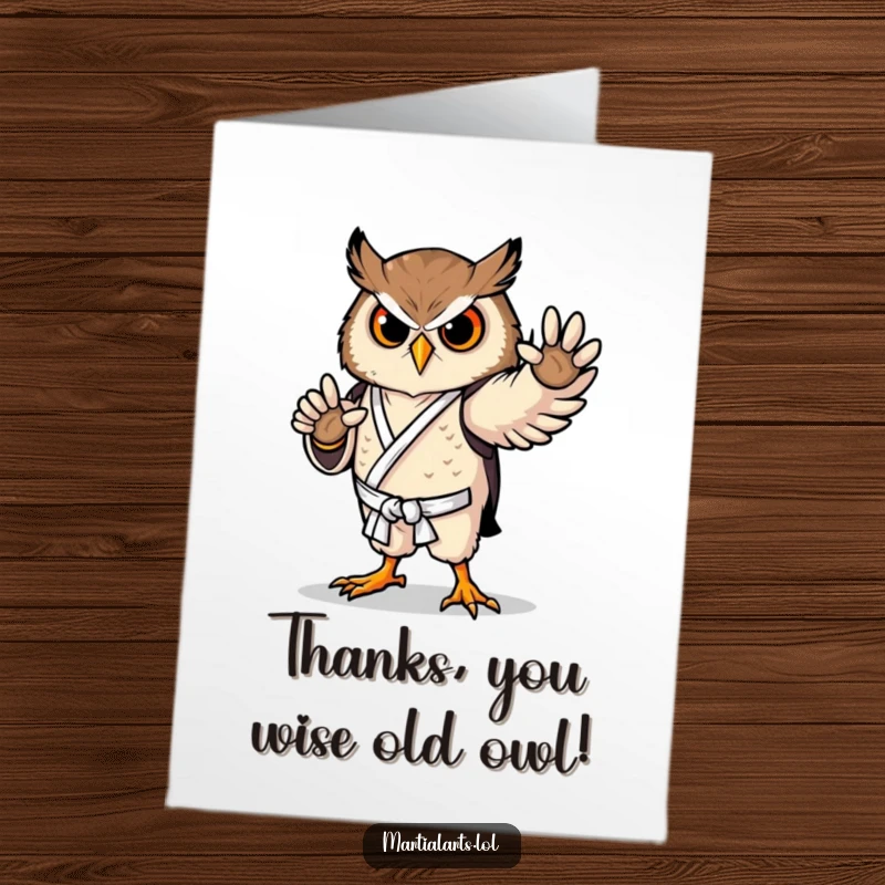 Funny Free Printable Thank You Card featuring a proud owl striking a karate pose, conveying thanks with wise, humorous elegance, a downloadable gift.