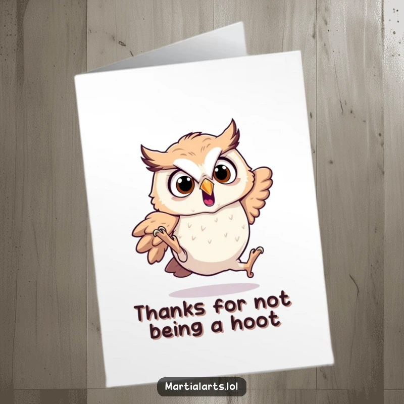 Funny Free Printable Thank You Card: A flustered owl tumbling down, making your thank you unexpectedly hilarious.