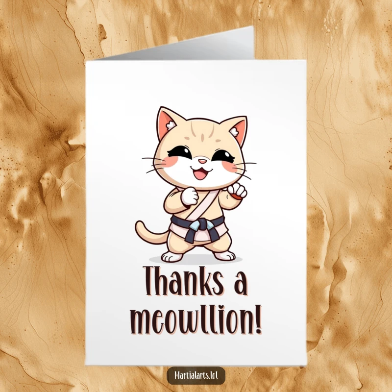 Funny Free Printable Thank You Card: Smiling cat executing a powerful karate chop, expressing gratitude with energetic martial arts.