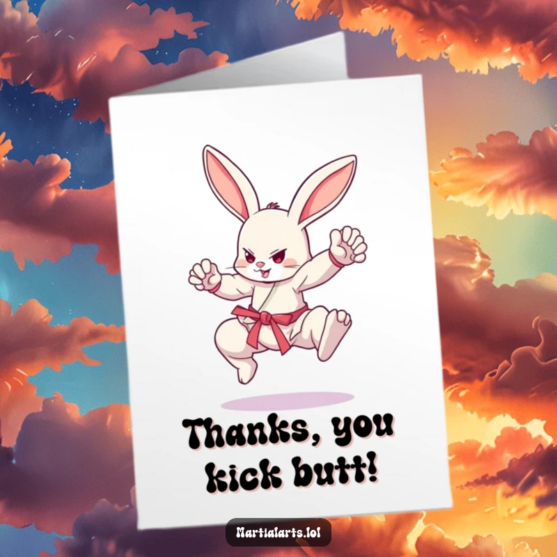 Funny Free Printable thank you card: a bunny striking a dynamic martial arts pose, conveying thanks.