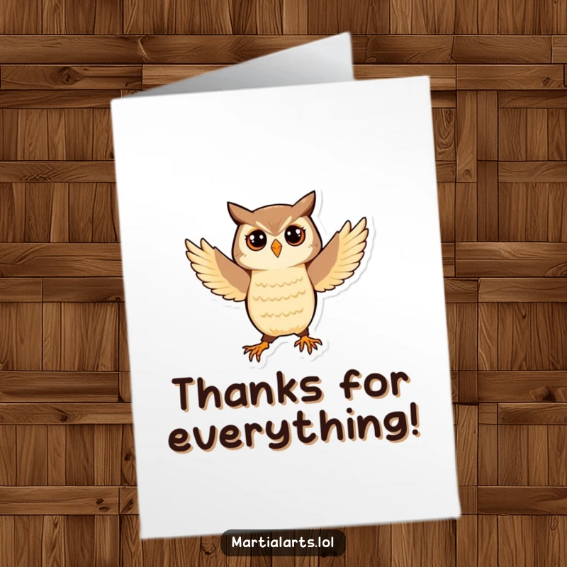 Funny Free Printable Thank You Card: Playful owl in a stable martial arts stance, conveying gratitude with a wise look.