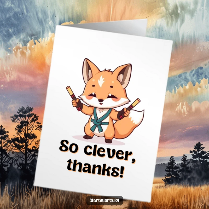 Funny Free Printable Thank You Card: A curious fox juggling miniature nunchucks with a playful glint, conveying thanks with surprising agility.