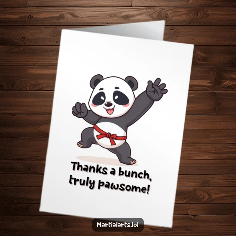 Funny Free Printable Thank You Card: Goofy Panda in Martial Arts Pose, Expressing Gratitude with a Kick