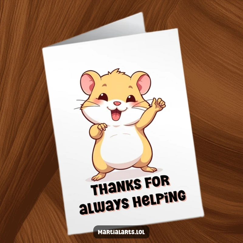Funny free printable thank you card featuring a beaming hamster ready to deliver a confident karate pose.
