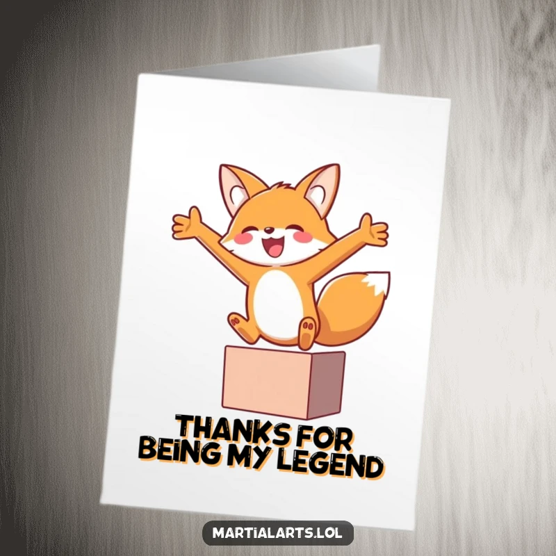 Funny Free Printable thank you card with a joyful fox leaping high, expressing gratitude with playful, energetic style.