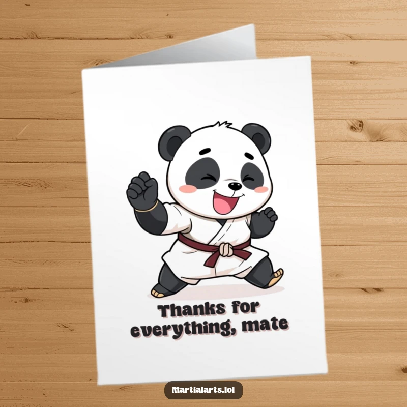 Funny Free Printable Thank You Card: A happy panda executing a funny, exaggerated karate chop to express thanks.