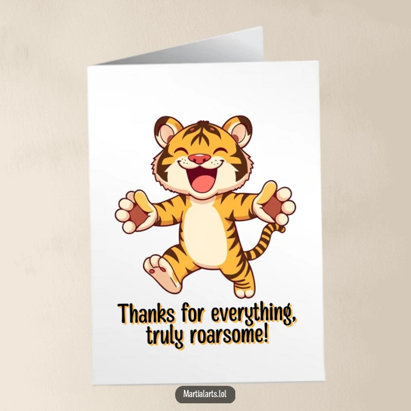 Funny Free Printable Thank You Card: Happy Tiger Leaping Joyfully with Paws Outstretched, Conveying Thanks