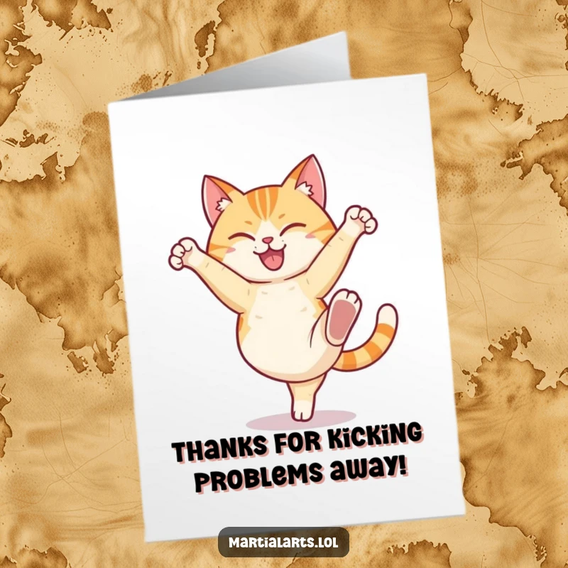 Funny Free Printable Thank You Card: A happy cat performing a determined high kick, expressing thanks.