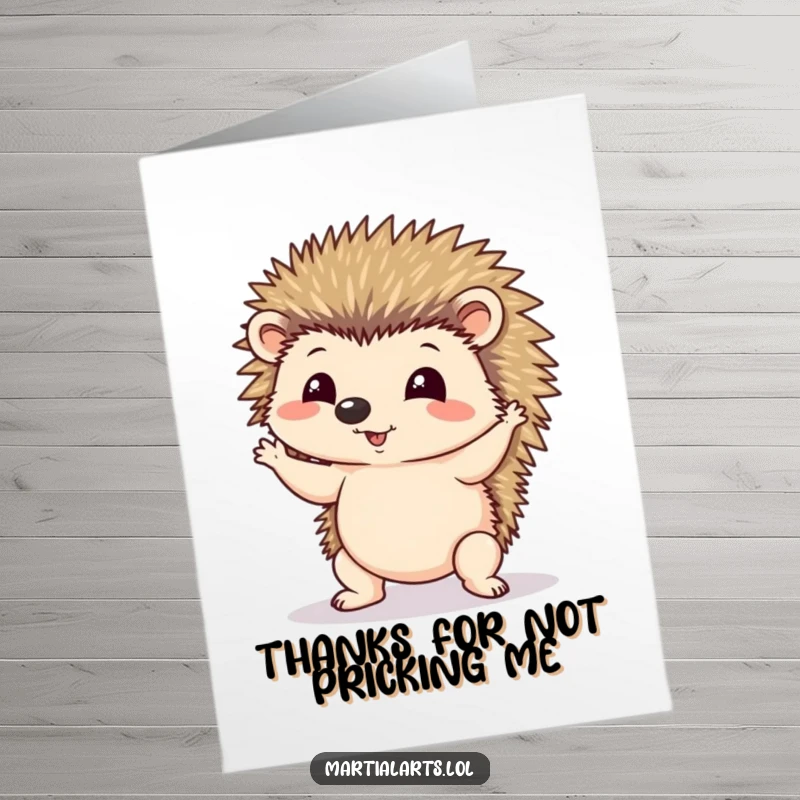 Funny free printable thank you card featuring a curious hedgehog wobbling precariously in a yoga pose.